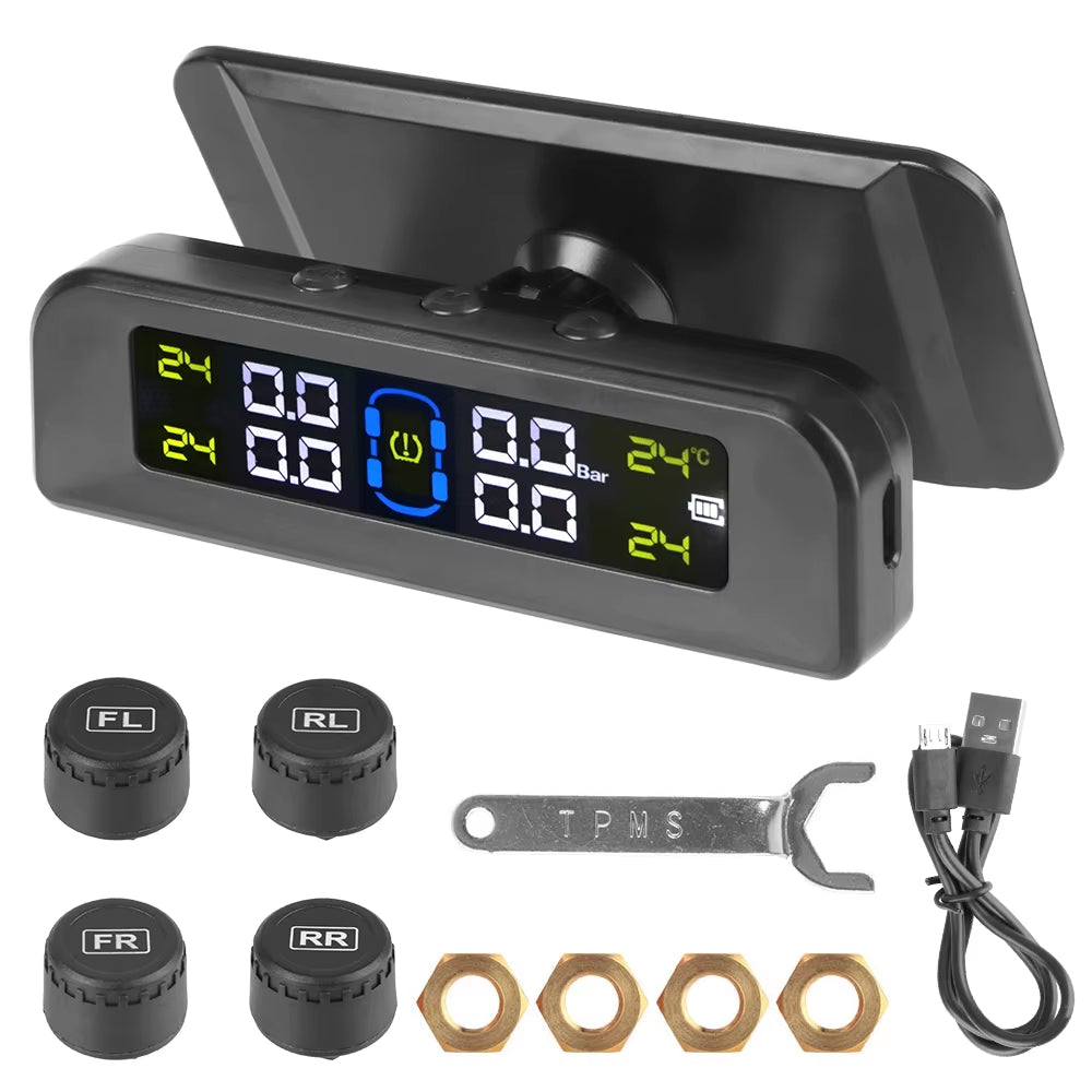 Tire Pressure Monitoring System Temperature Warning Fuel save with 4 External Sensors Solar TPMS Car Tyre Pressure Monitor