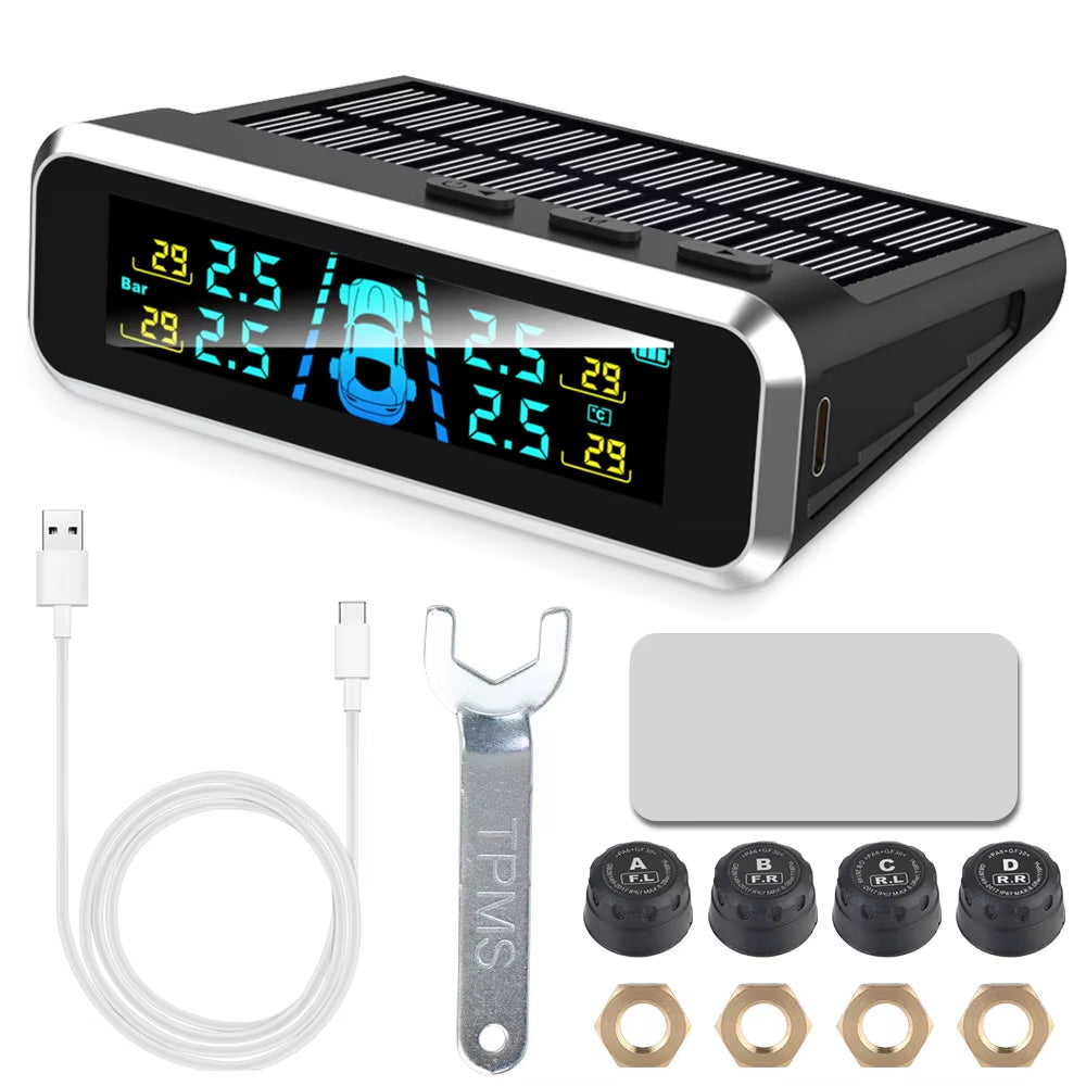 Tire Pressure Monitoring System Temperature Warning Fuel save with 4 External Sensors Solar TPMS Car Tyre Pressure Monitor