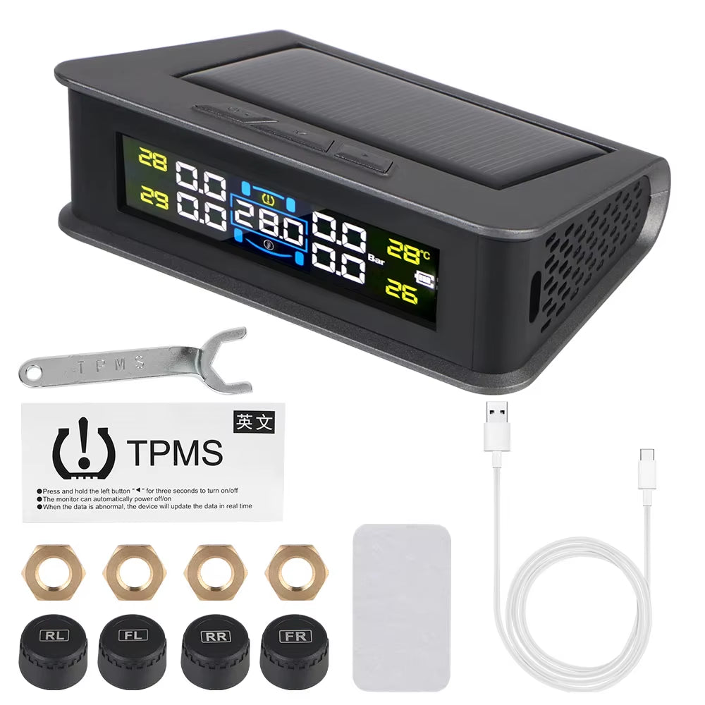 Tire Pressure Monitoring System Temperature Warning Fuel save with 4 External Sensors Solar TPMS Car Tyre Pressure Monitor