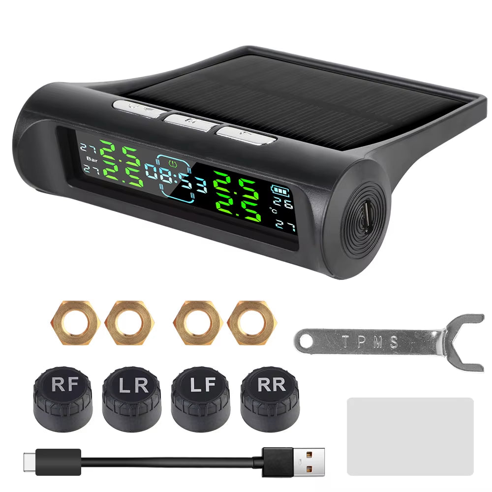 Tire Pressure Monitoring System Temperature Warning Fuel save with 4 External Sensors Solar TPMS Car Tyre Pressure Monitor
