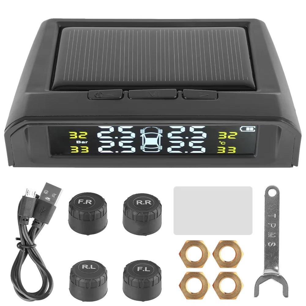 Tire Pressure Monitoring System Temperature Warning Fuel save with 4 External Sensors Solar TPMS Car Tyre Pressure Monitor